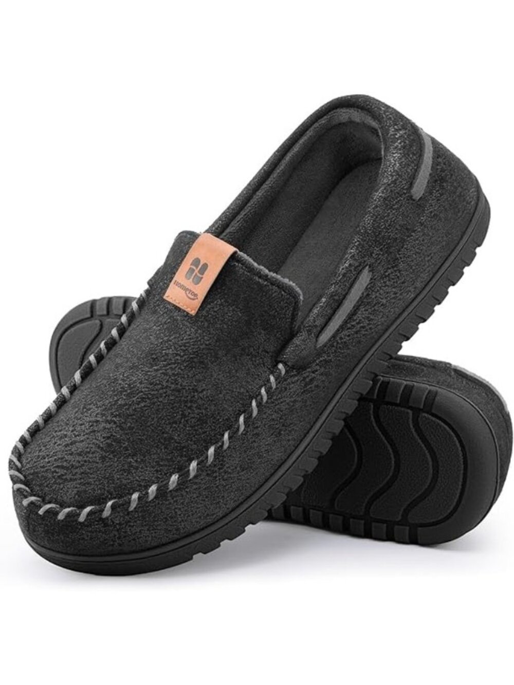 HomeTop Mens size 12 Moccasin Slippers Faux Suede Gray Plush Lined Memory Foam